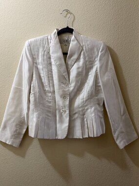 White Shimmer Pleated Blazer with Floral Buttons